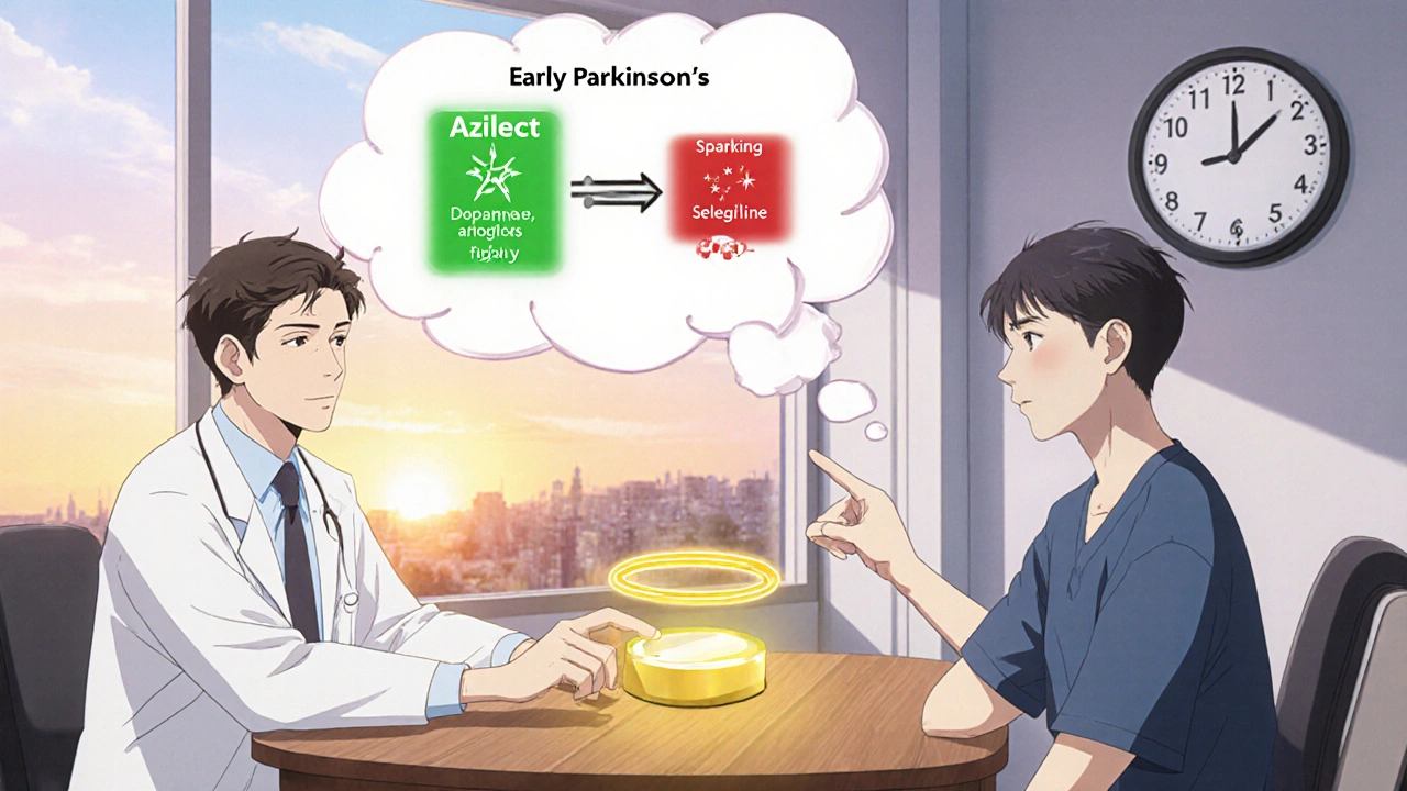 A doctor and patient discussing Parkinson’s treatment options with a glowing flowchart showing Azilect as the preferred choice.