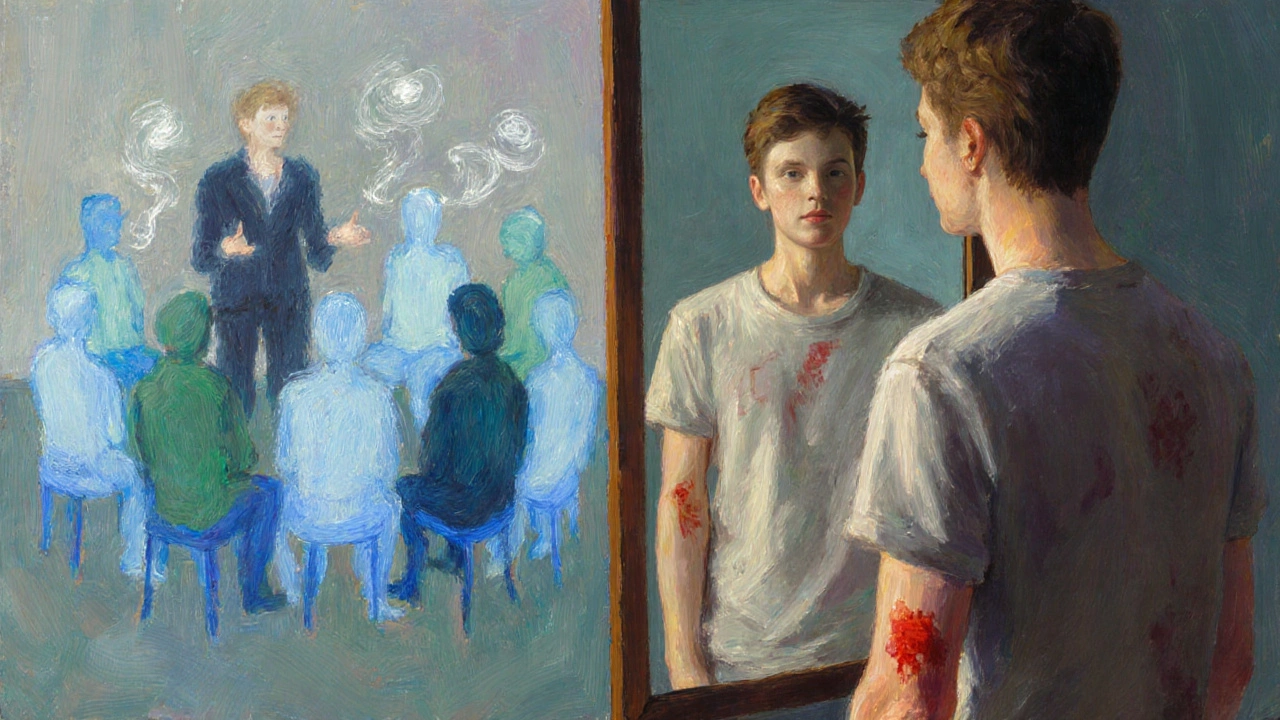 A person gazing at a scar in a mirror while a therapist‑led group practices calming techniques.