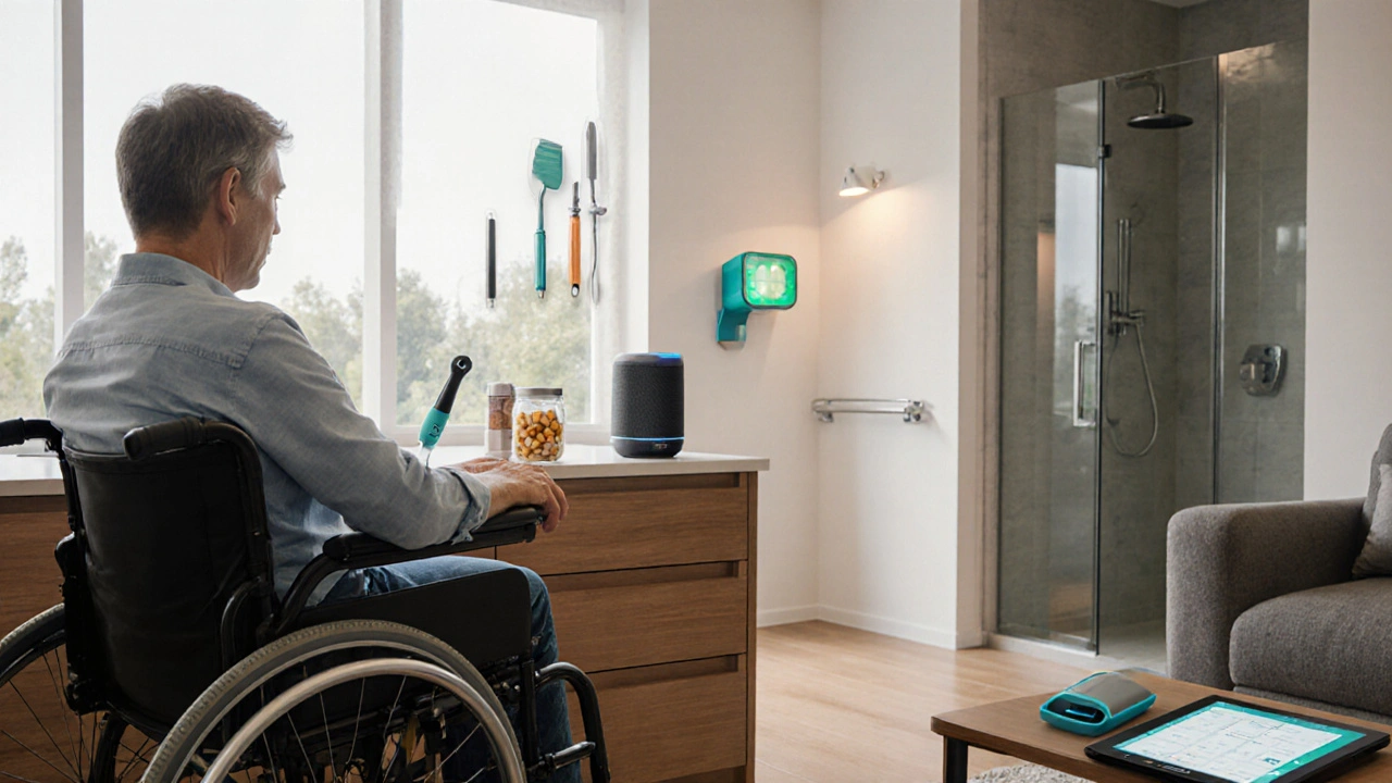 Accessible home scene showing wheelchair, adaptive kitchen tools, pill dispenser, grab bar, and speech tablet.