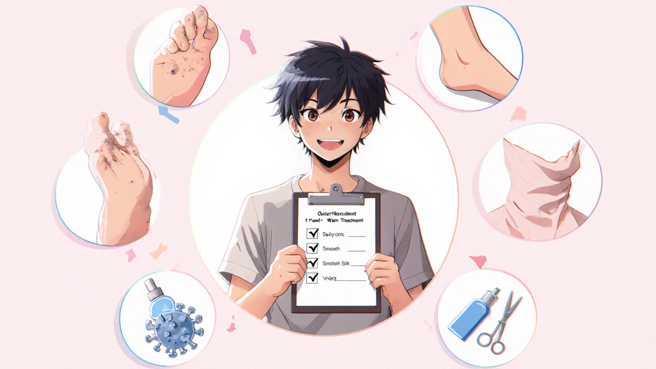 Anime character presenting a checklist of differences between warts and skin tags.