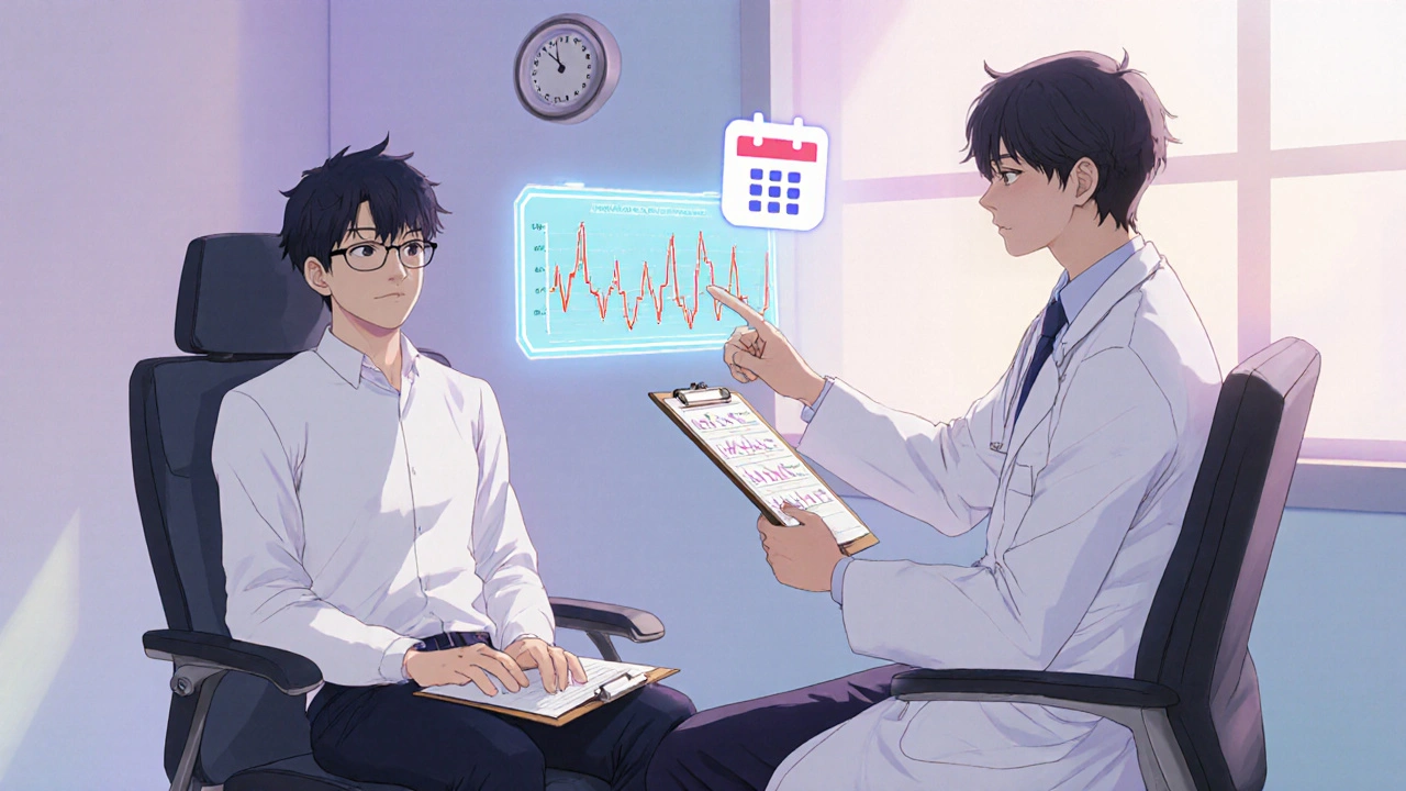 Anime consultation showing patient, doctor, and holographic blood test graphs.