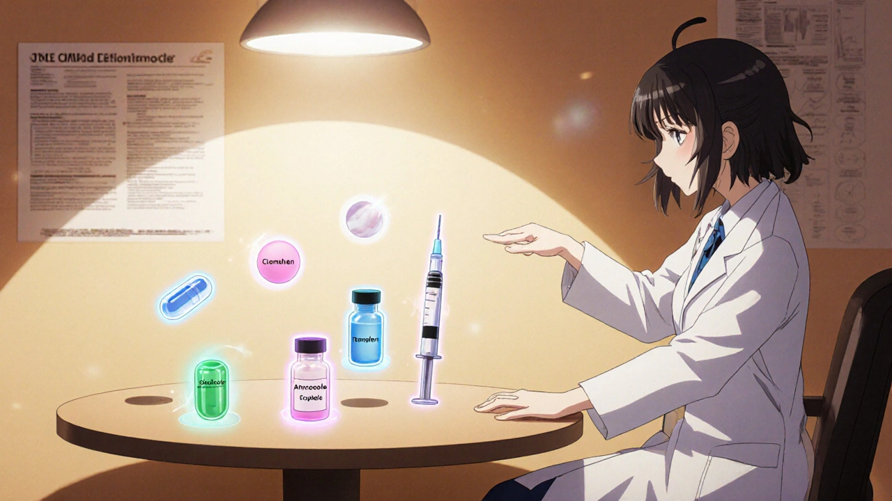 Anime doctor presenting floating pills, vials, and a syringe representing drug alternatives.