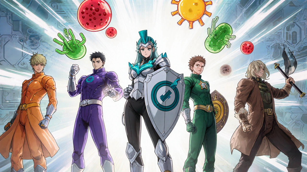 Anime heroes representing five antibiotics face cartoon bacteria in a battle scene.