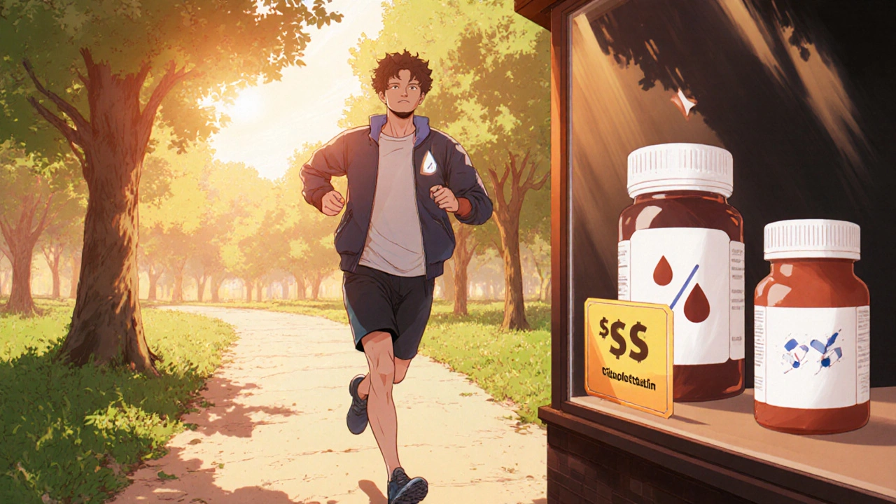 Anime patient jogs happily, showing lowered LDL and stable blood sugar.