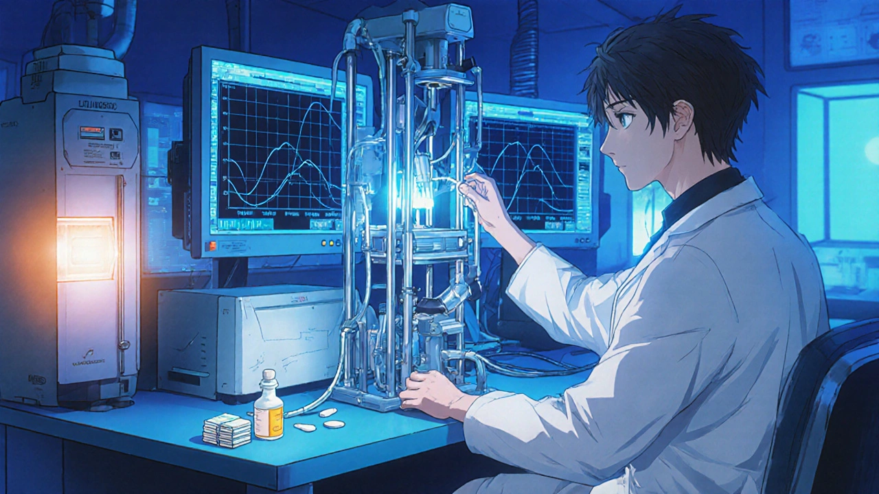 Anime researcher conducts an insulin‑sensitivity clamp with pitavastatin tablets nearby.