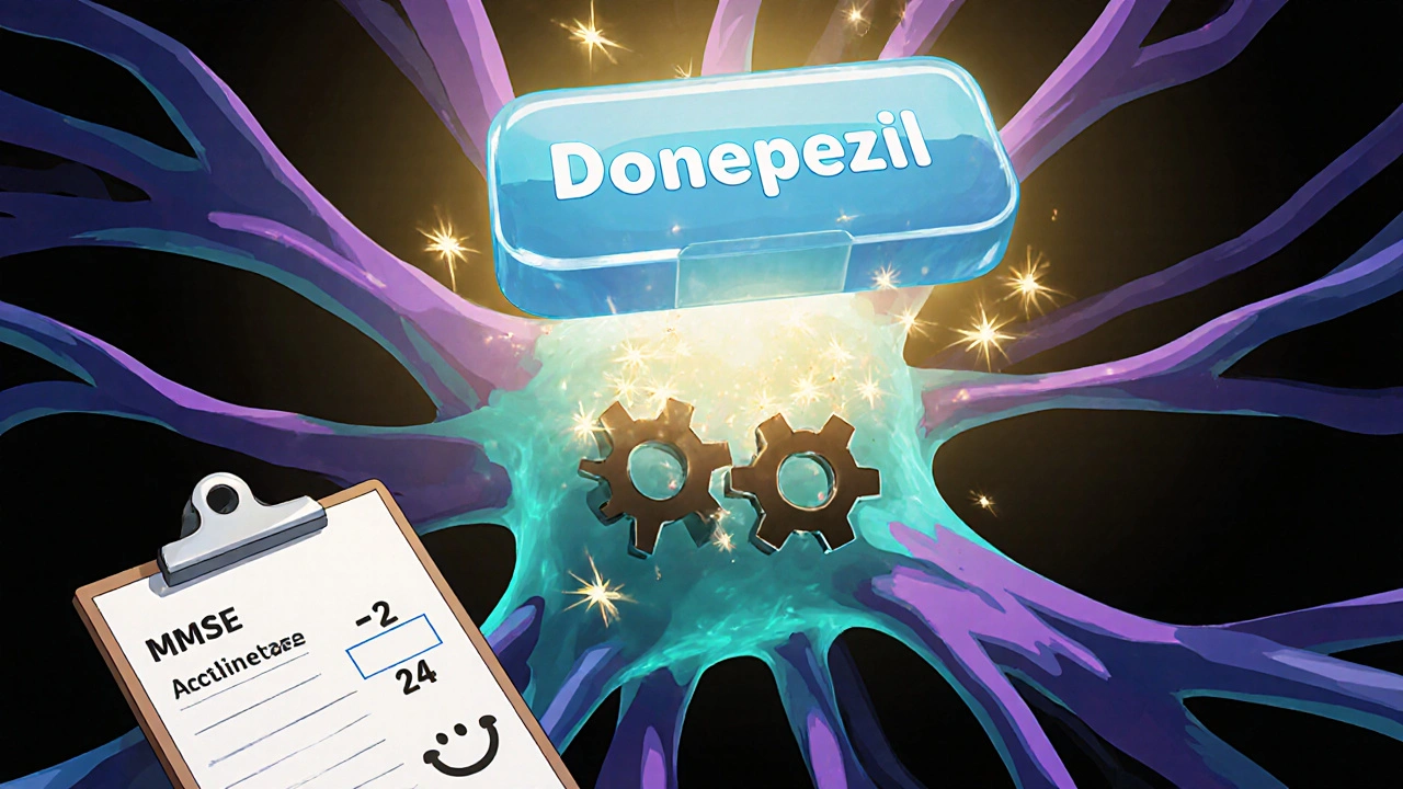 Cel‑shaded view of a brain synapse with Donepezil raising acetylcholine levels and MMSE scores.