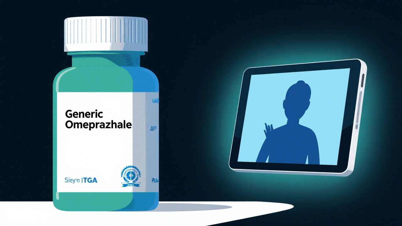 Close-up of a generic omeprazole bottle next to a pharmacist video call on a tablet.