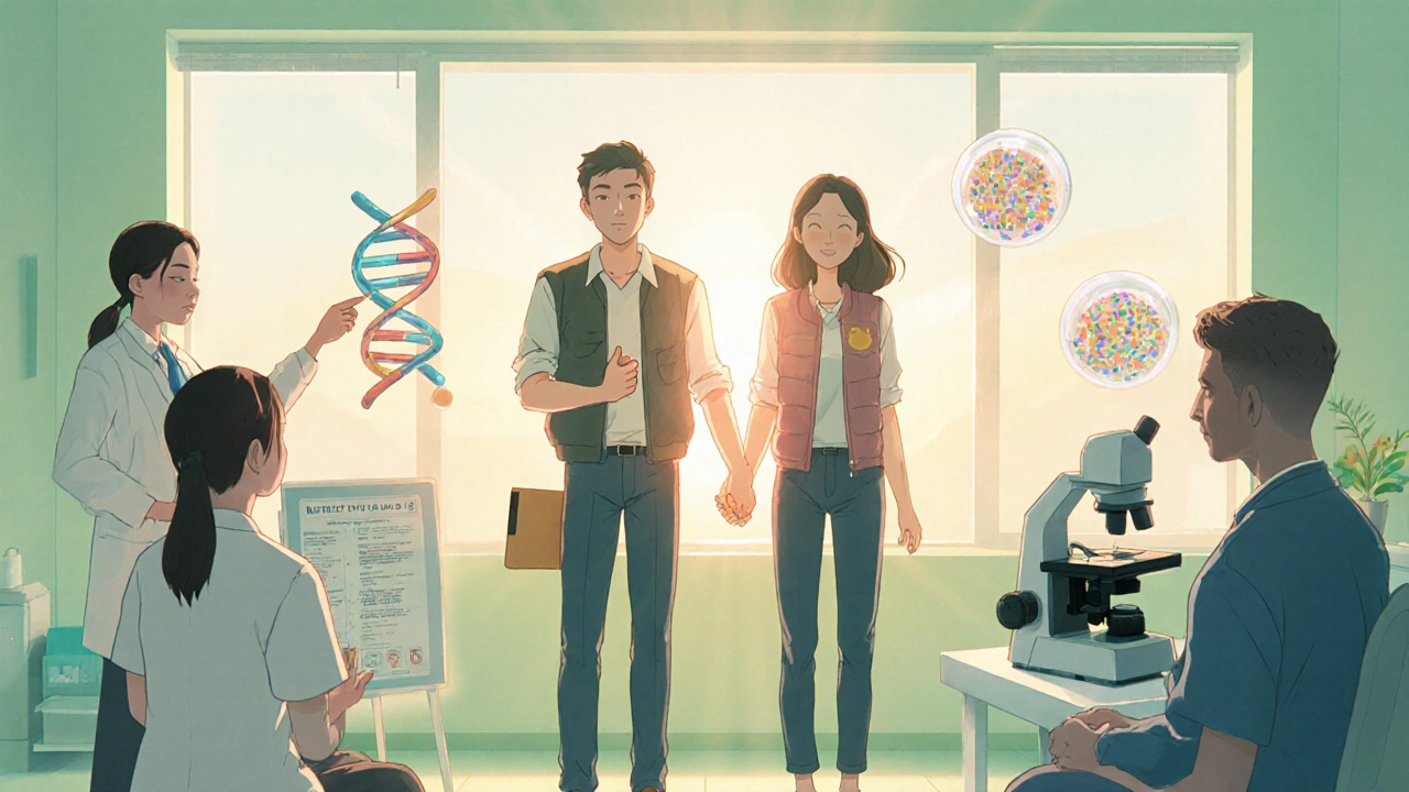 Couple with CF planning family, surrounded by genetic counselor and IVF specialist.