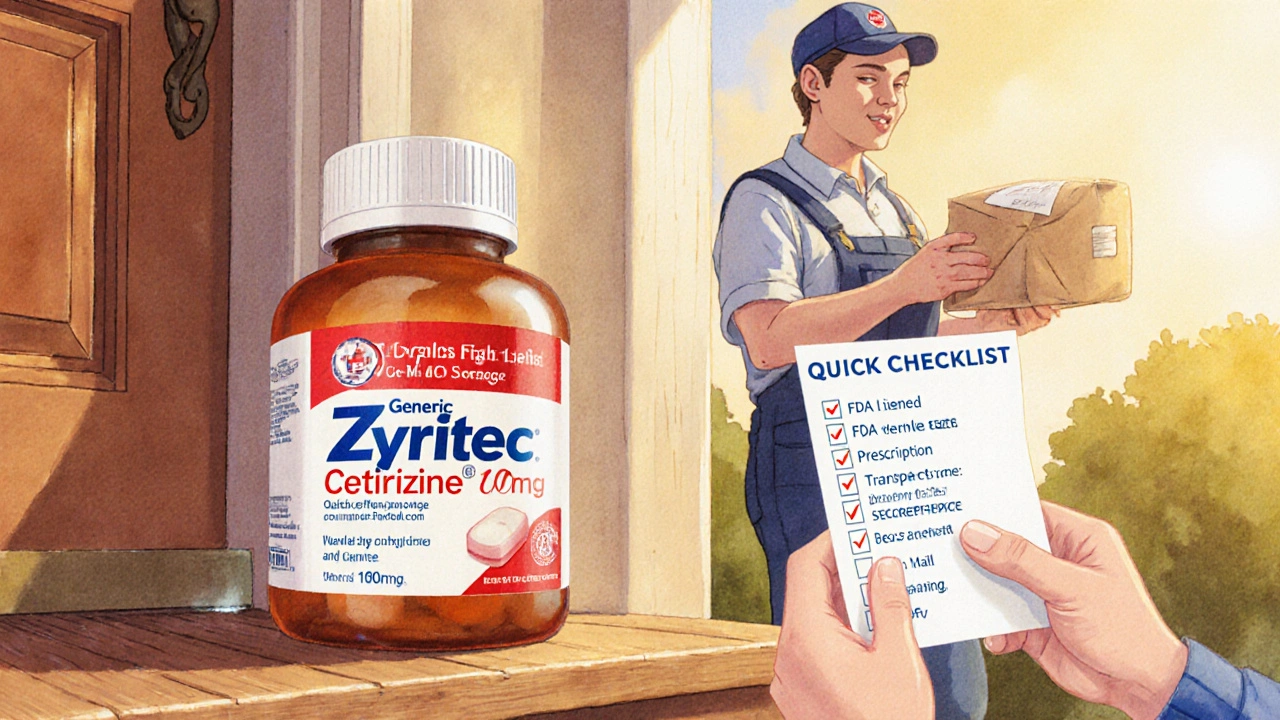 Delivered generic Zyrtec bottle on doorstep, user checks seal and checklist.