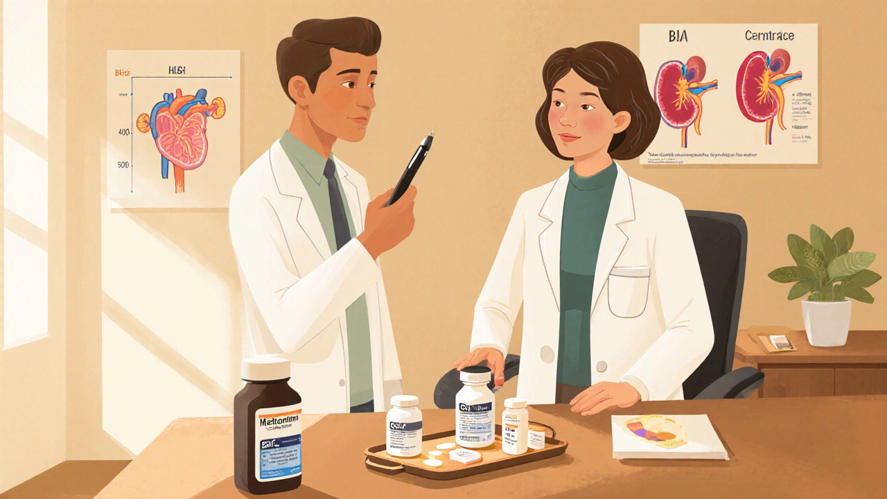 Doctor and patient reviewing various diabetes meds with heart, kidney, and BMI visuals in background.