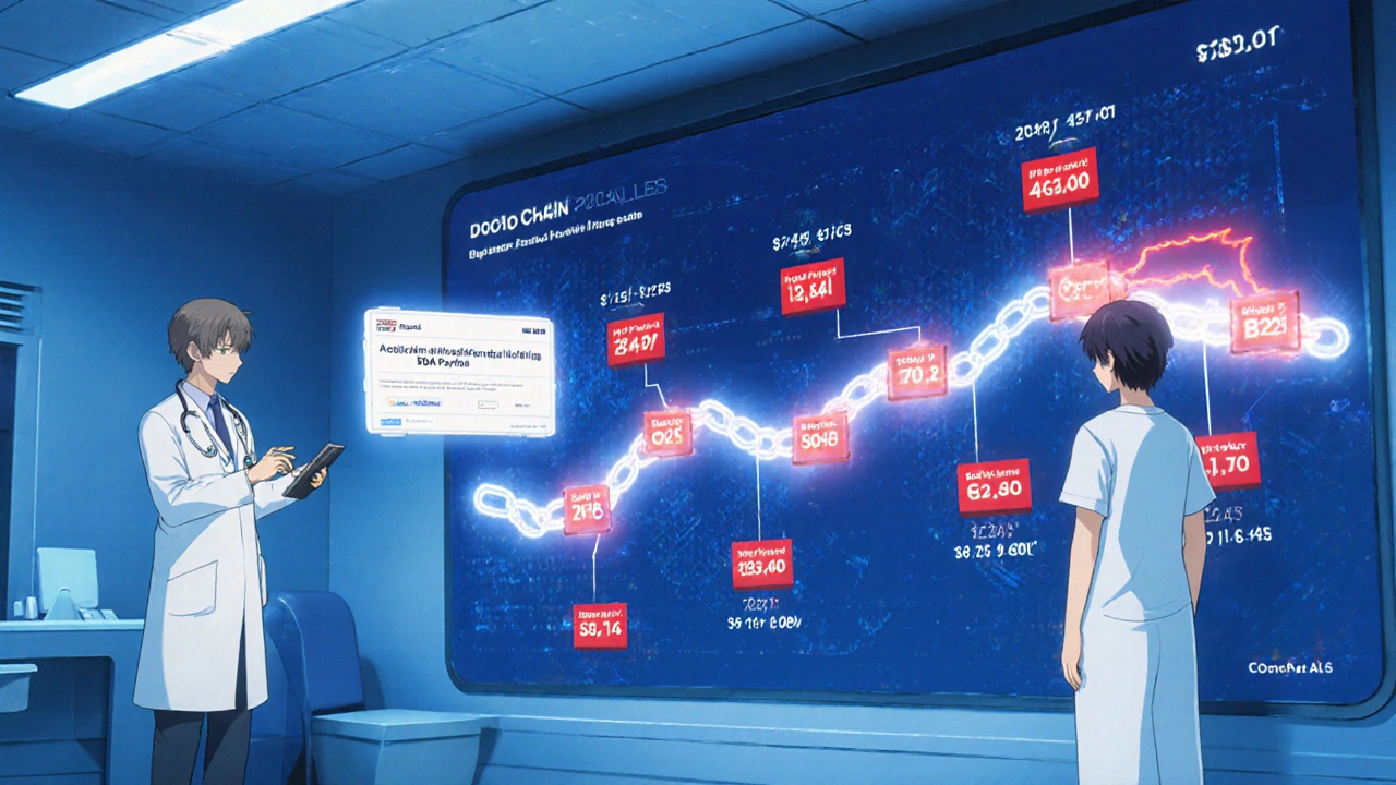 Doctor and patient viewing a futuristic timeline of medical device recalls with blockchain links.