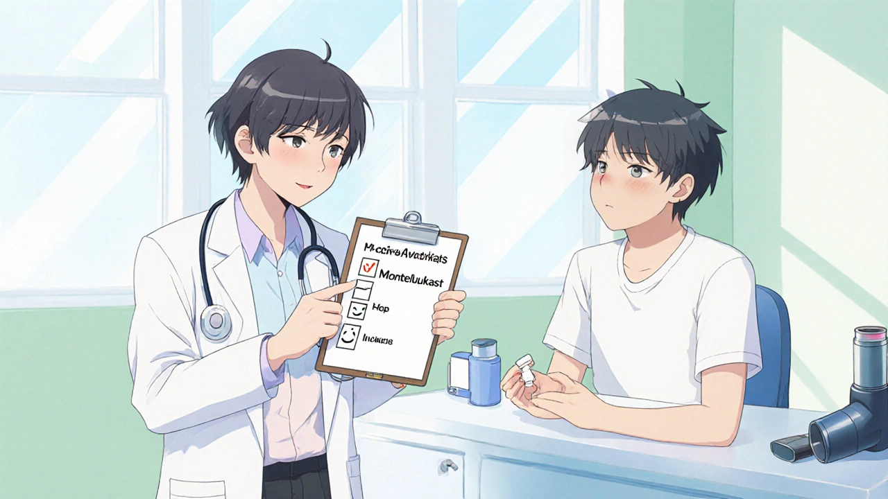 Doctor and teen discussing mood monitoring, with Montelukast tablet and inhaler nearby.