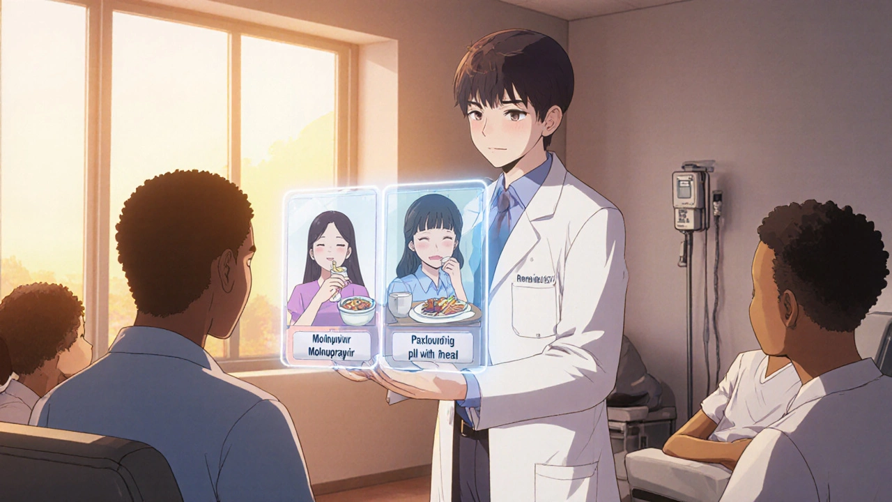Doctor consulting patients with holographic panels of oral pill, pill with food, and IV drip in a sunny clinic.