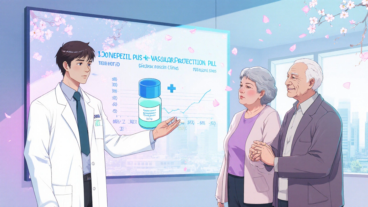 Doctor discusses combined Donepezil therapy with an elderly patient and caregiver.