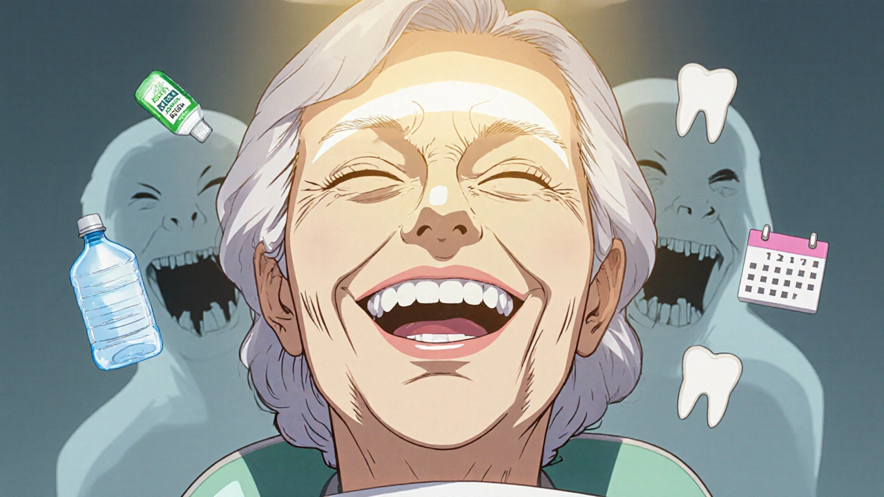 Elderly woman in dental chair with restored teeth, fading shadows of lost molars, surrounded by symbols of oral health care.