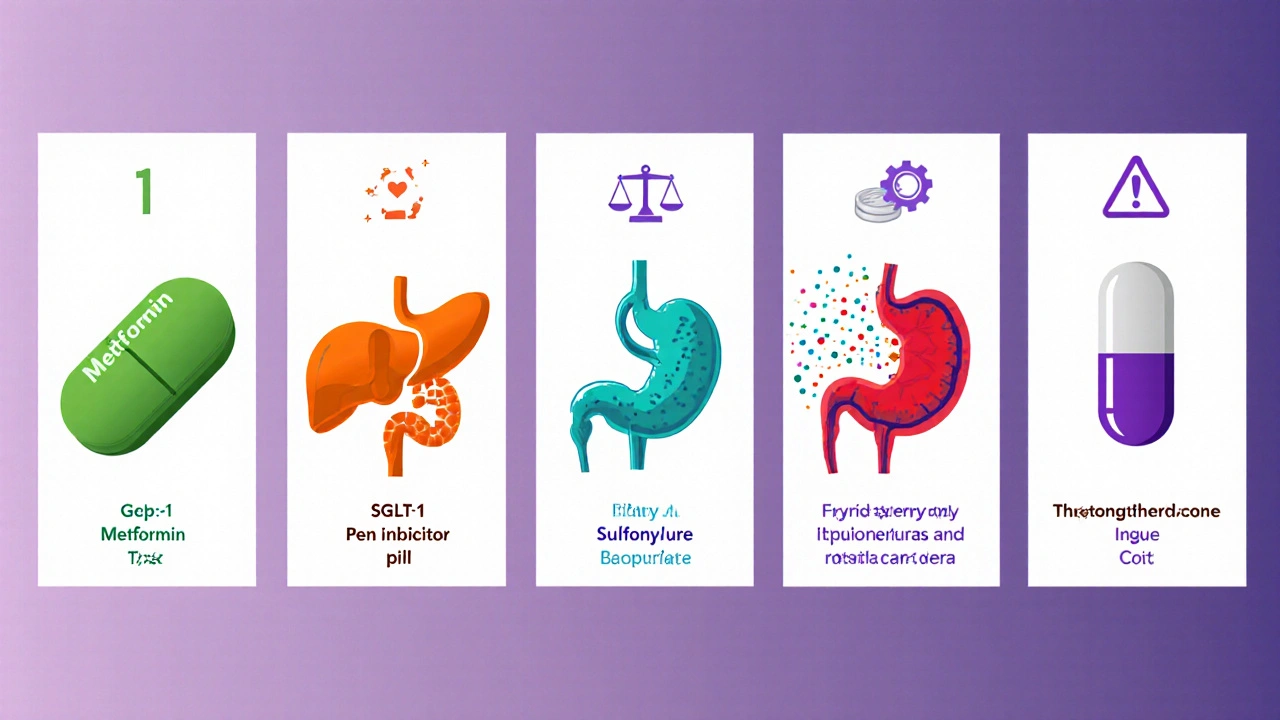 Five panels showing Metformin, GLP‑1, SGLT2, sulfonylurea, and TZD with icons for weight, heart, and cost.