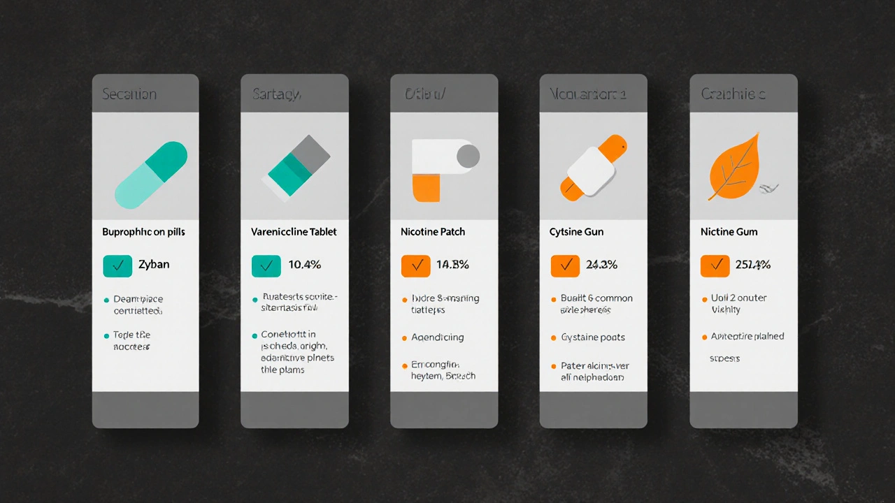 Five panels showing Zyban, varenicline, patch, gum, and cytisine with colored accent stats.