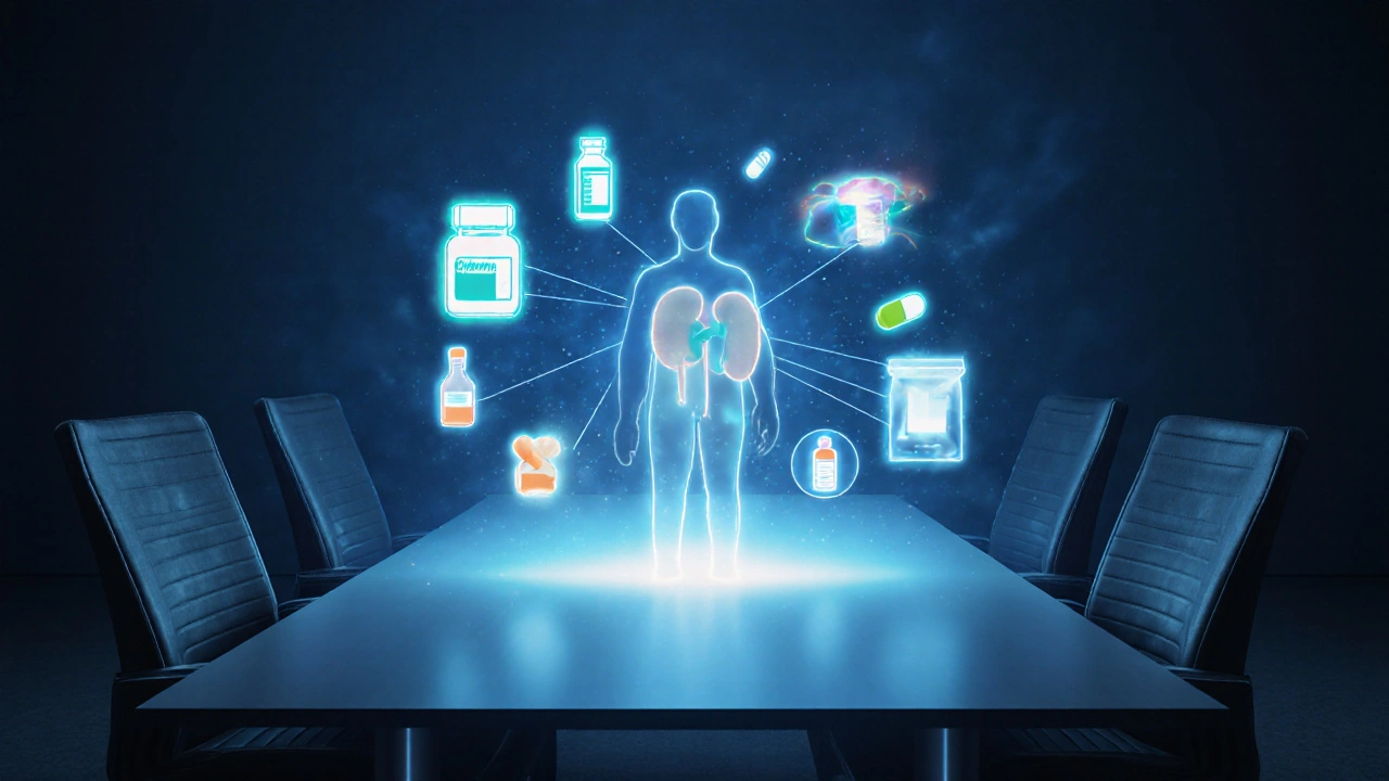 Futuristic hologram showing icons of various immunosuppressant drugs around a patient silhouette.