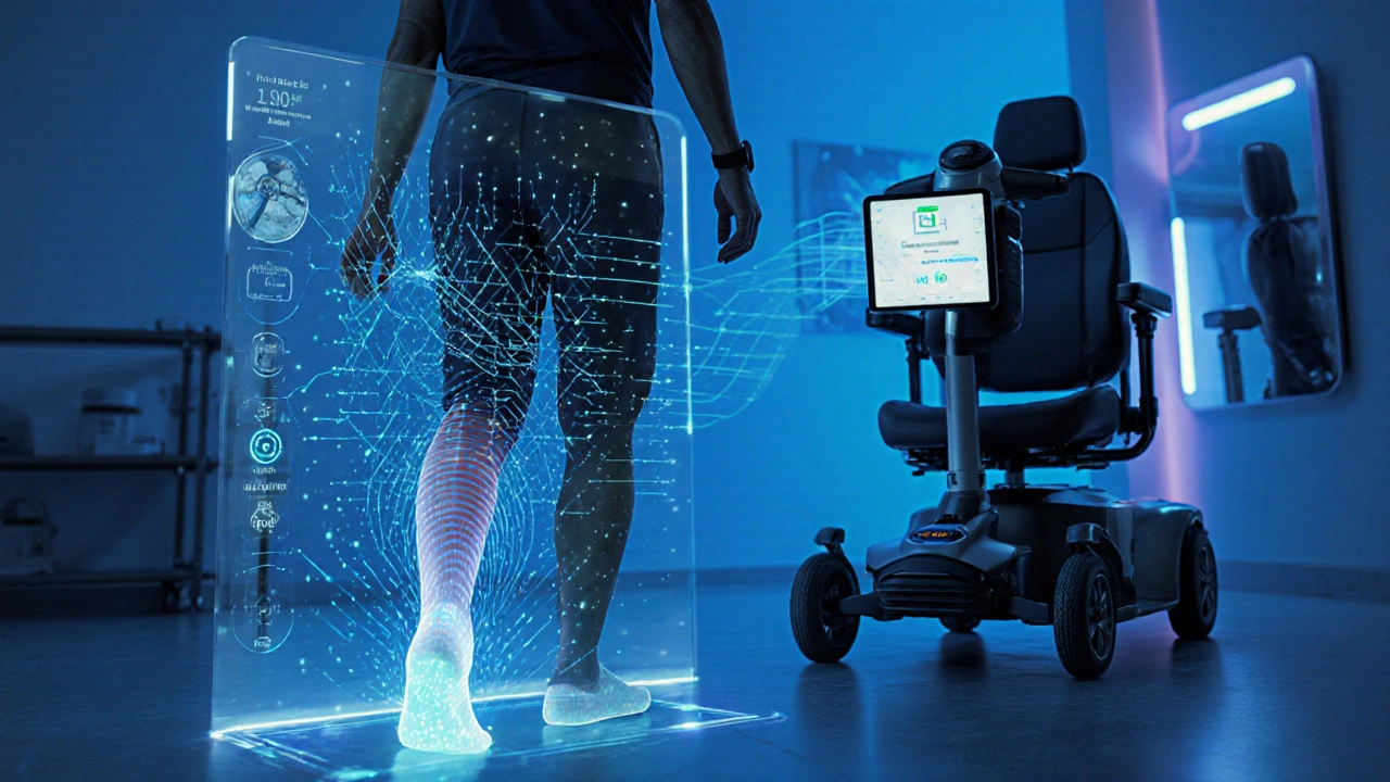 Futuristic rehab studio with gait sensor, power scooter with tablet, holographic data, and smartwatch.