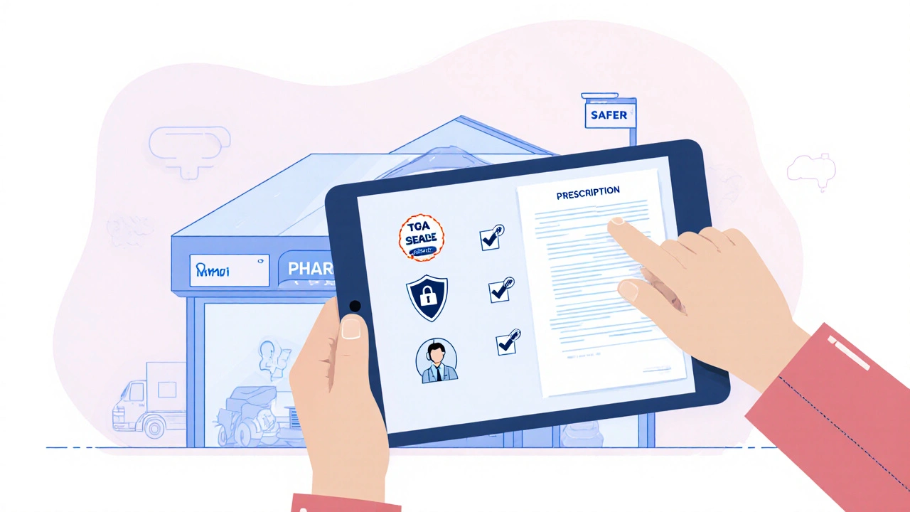 Hand showing prescription and safety icons for verifying online pharmacy.