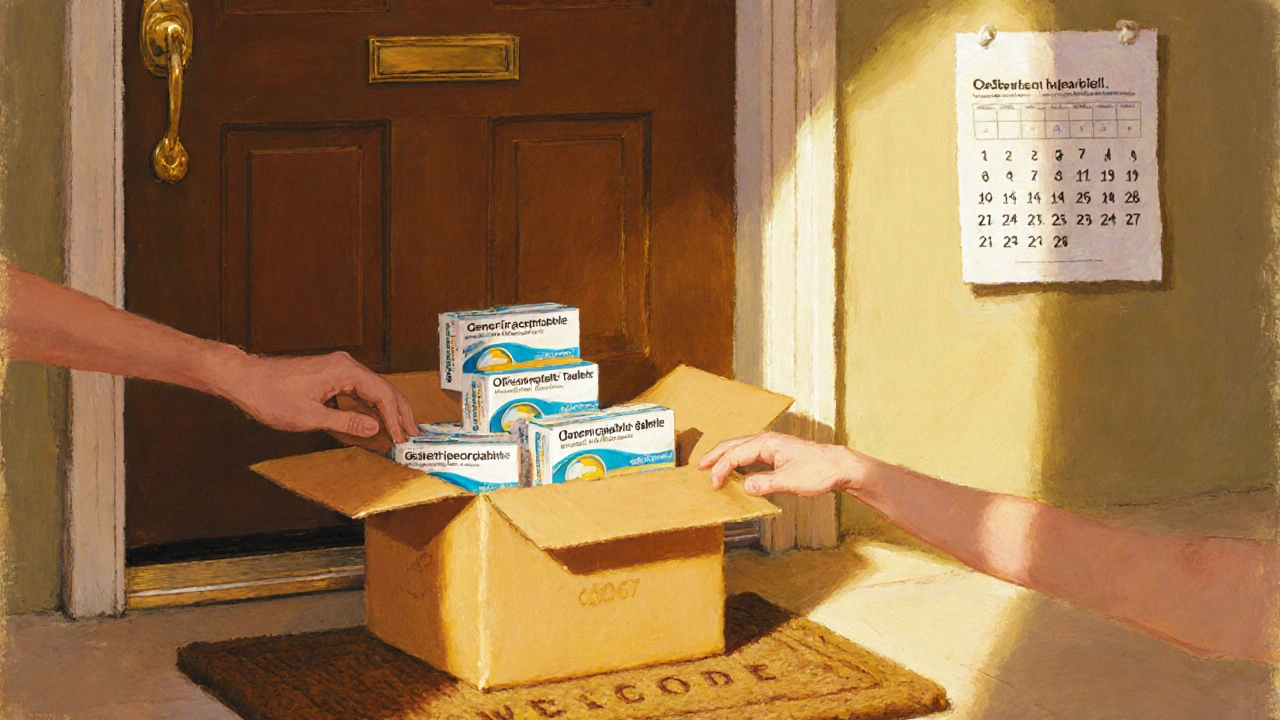 Hands opening a delivery box with medication at a doorstep.