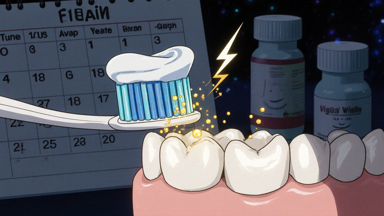 High-fluoride toothpaste bonding to enamel with xylitol gum fighting bacteria, no rinsing, dental care symbols in background.