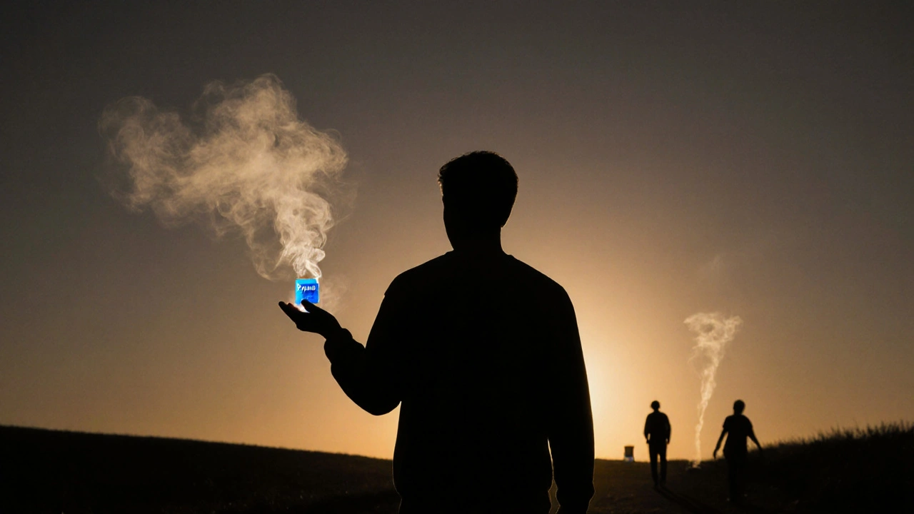 Individual walking from smoke toward sunrise, holding a highlighted Zyban tablet.
