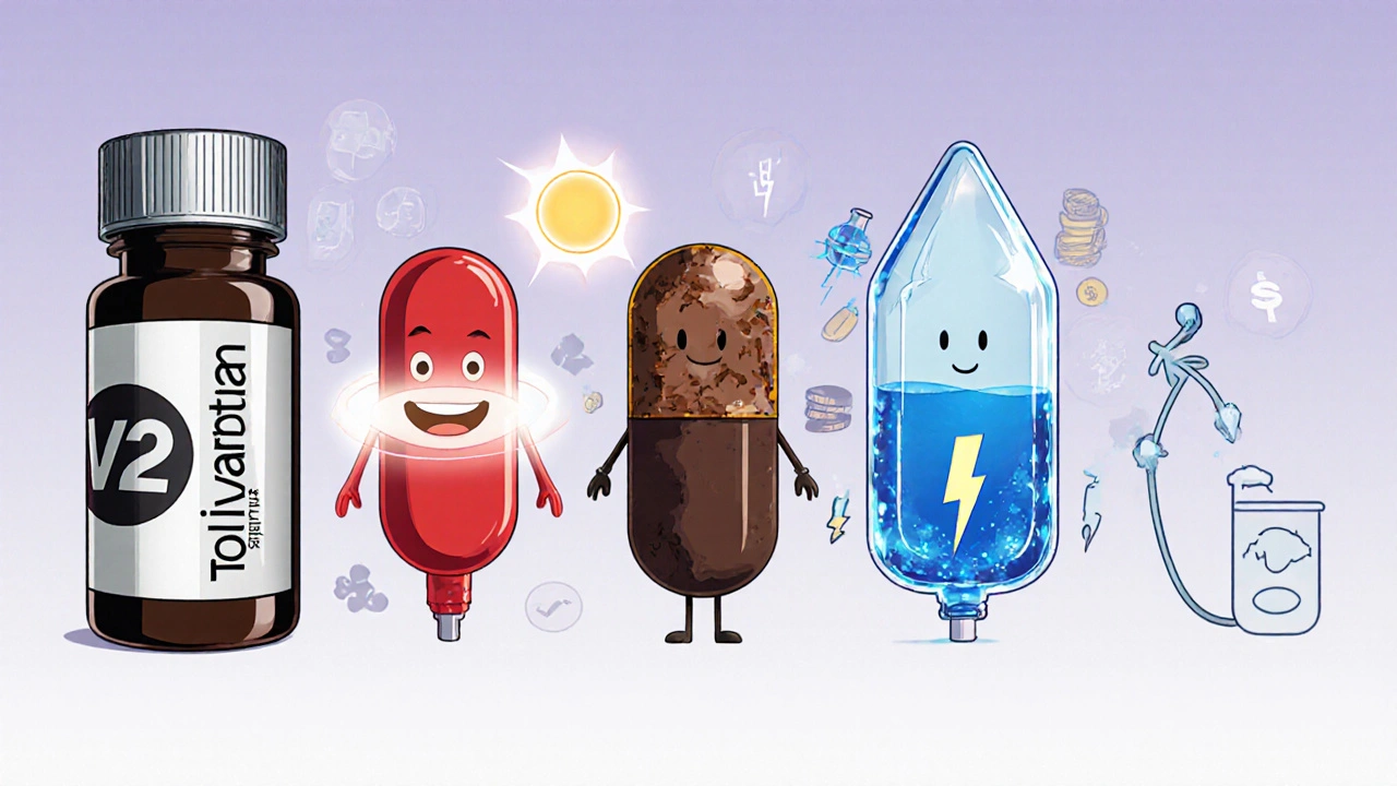 Lineup of anime characters representing Tolvaptan, Conivaptan, Demeclocycline, Hypertonic Saline, Urea, and fluid restriction.