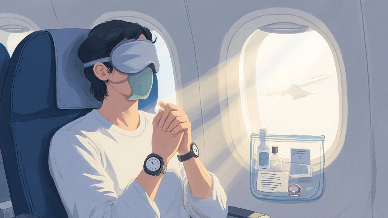 Passenger on plane practicing breathing, watch set to destination time, meds visible.