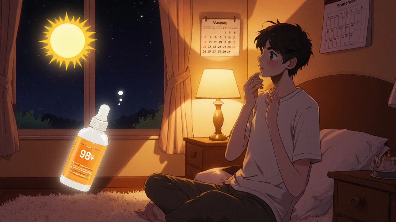 Person applying retinoid at night, later shown with sunscreen and sunlight, indicating routine.