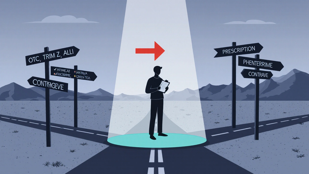 Person at crossroads with signposts for OTC, prescription, natural, and surgery options.