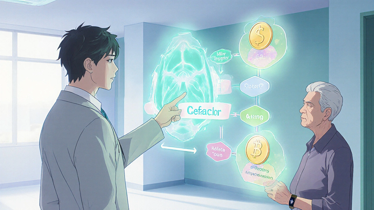 Physician points to a holographic decision path choosing Cefaclor with cost and allergy symbols.