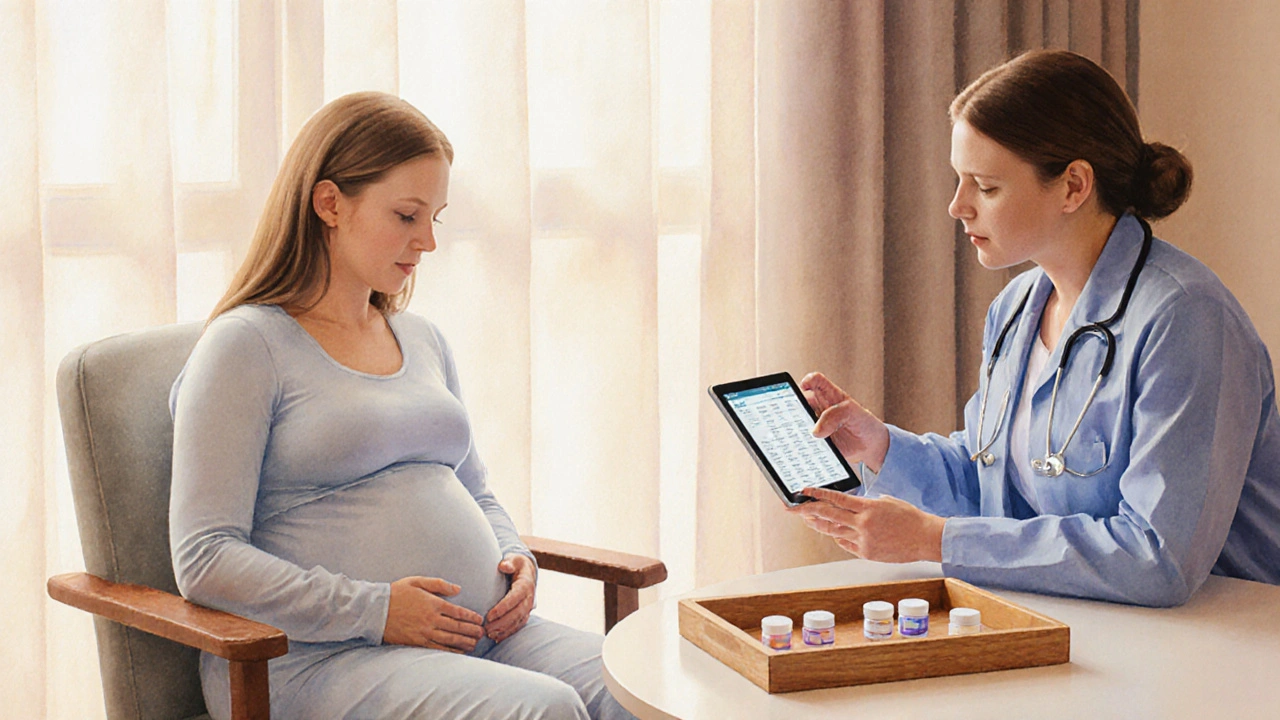 Pregnant patient consulting a doctor with pill options on a tray.
