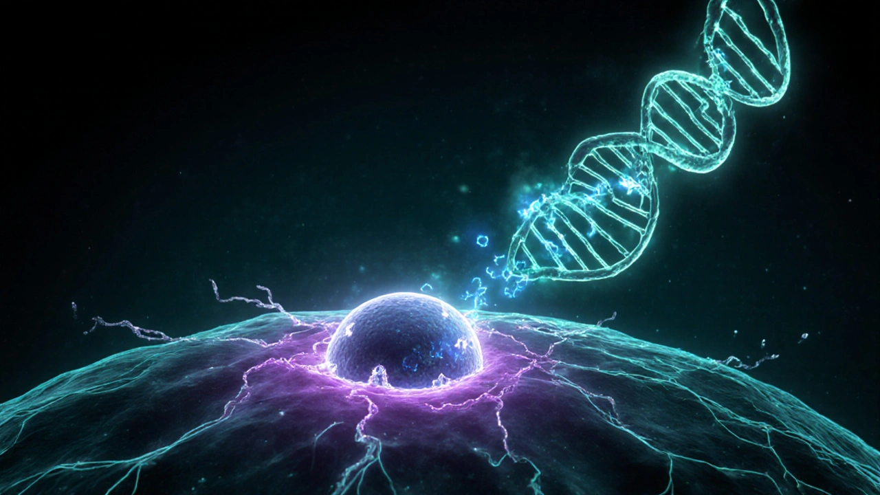 Scientific illustration of a nitro‑imidazole drug damaging protozoan DNA.