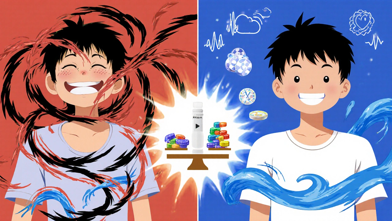 Split image comparing chaotic dyskinesias on one side to calm, steady movement on the other with medication icons.