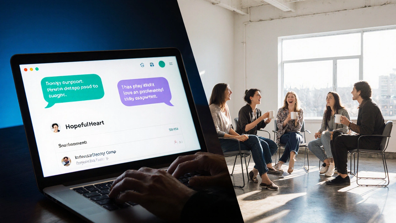Split image of an online forum on a laptop beside an in‑person support circle in a community center.