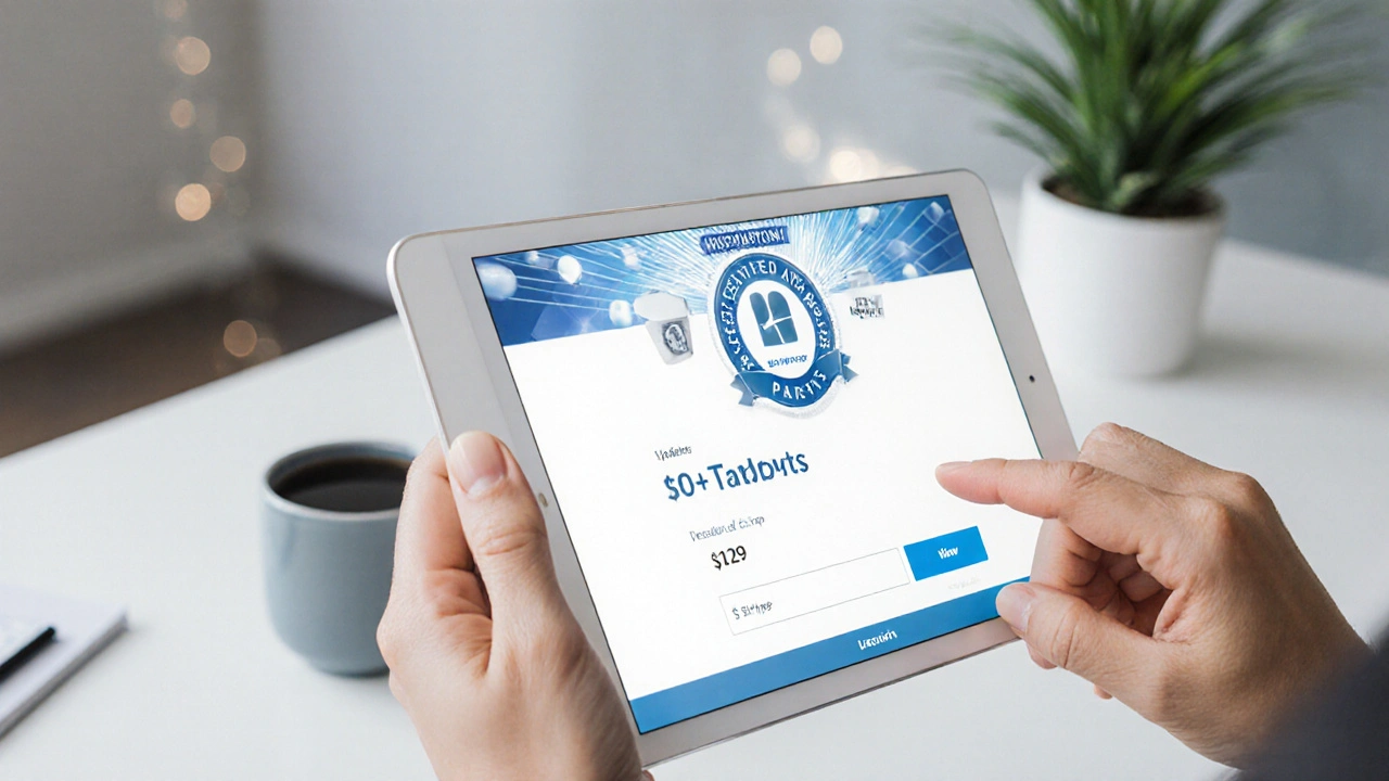 Tablet screen displays certified pharmacy badge and price breakdown for generic Zyrtec.