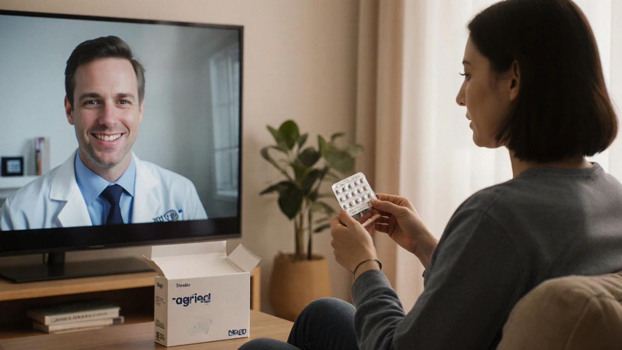 Telehealth video call with doctor and delivery of fluoxetine pills.
