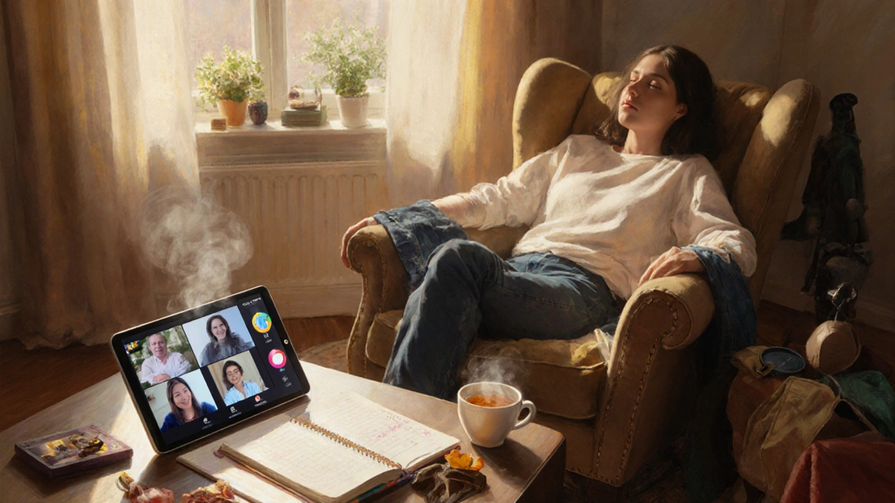 Traveler reviewing mood journal at home via video call with therapist, surrounded by souvenirs.