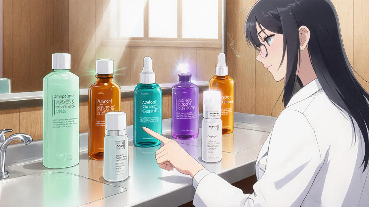Vanity with six different skincare bottles and a dermatologist pointing, each bottle glowing.
