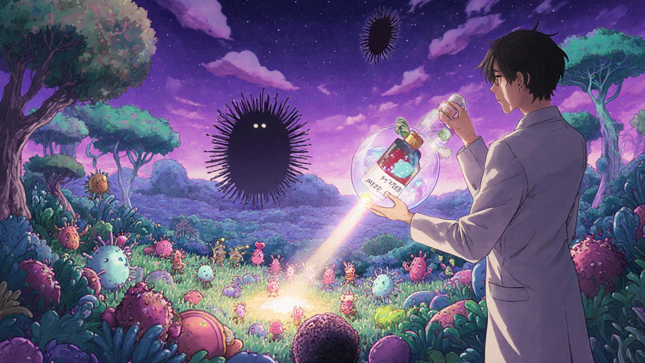 A colorful gut microbiome landscape with beneficial bacteria and FMT treatment.