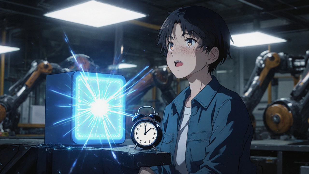 A factory worker uses a light therapy box while fatigued at a control panel.