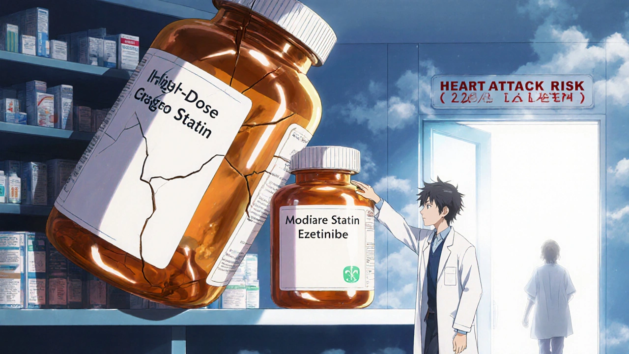 A stable pyramid of two smart cholesterol pills towers over a cracked high-dose statin bottle on a pharmacy shelf.