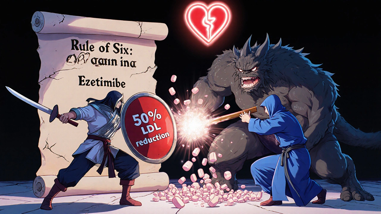 A statin warrior and ezetimibe ninja team up to defeat a cholesterol monster in a glowing medical battle.