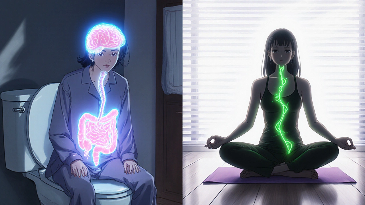 A woman experiencing gut-brain connection during stress and relaxation.