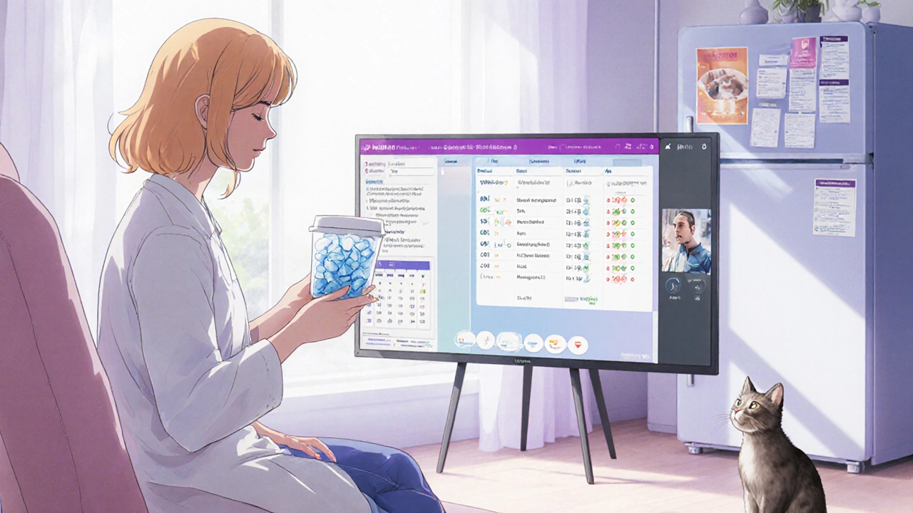 Care coordinator video-calling a patient at home with a refrigerated medication box and digital health monitors visible.