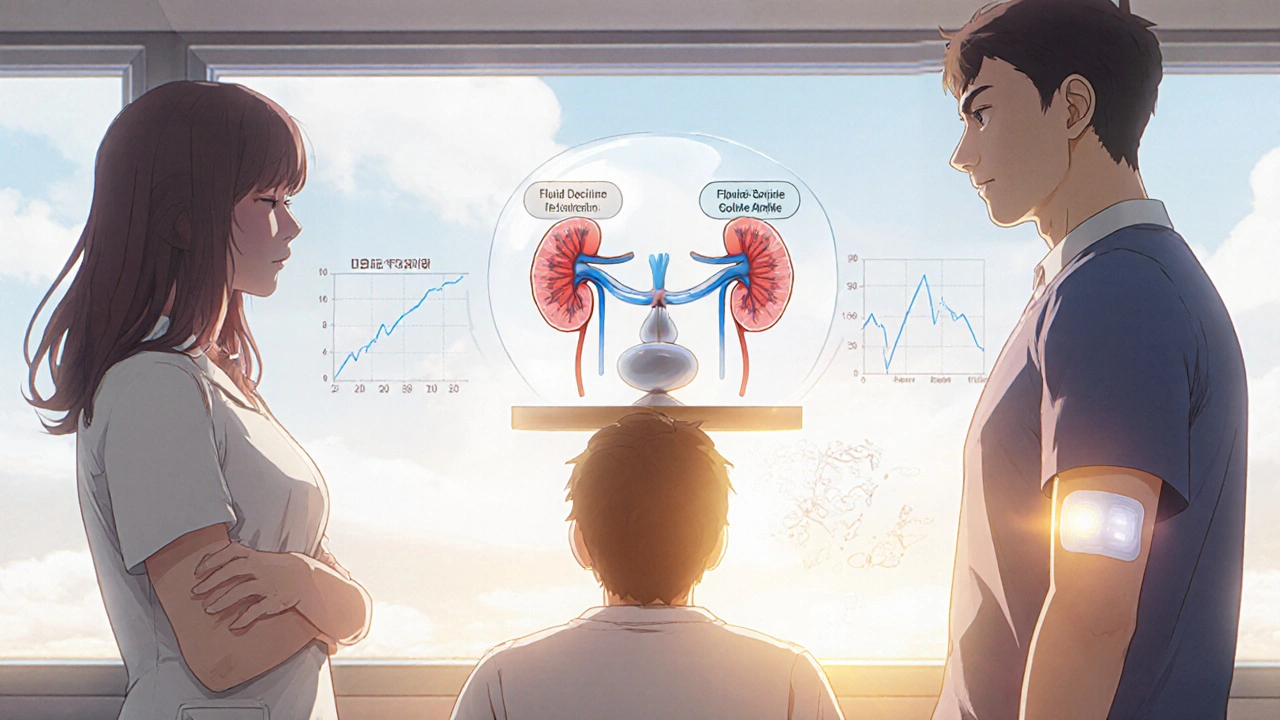 Care team balancing sodium and fluid levels with a skin patch glowing above a CKD patient’s arm.