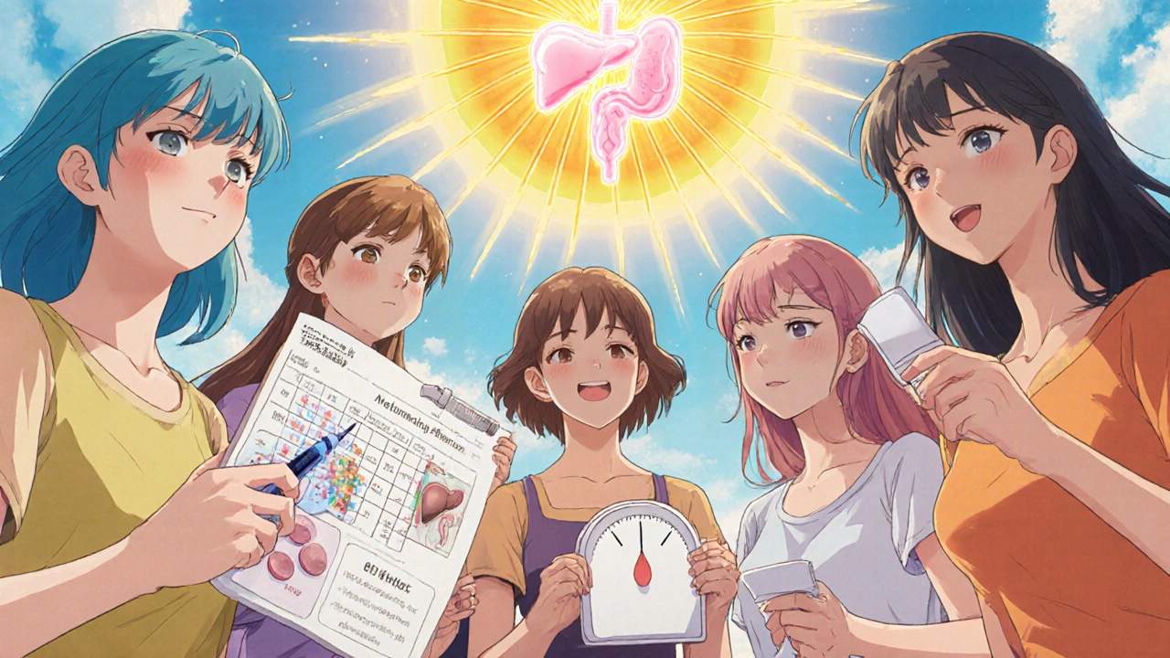 Diverse group of women united by GLP-1 and metformin therapy, symbols of health and fertility glowing around them.