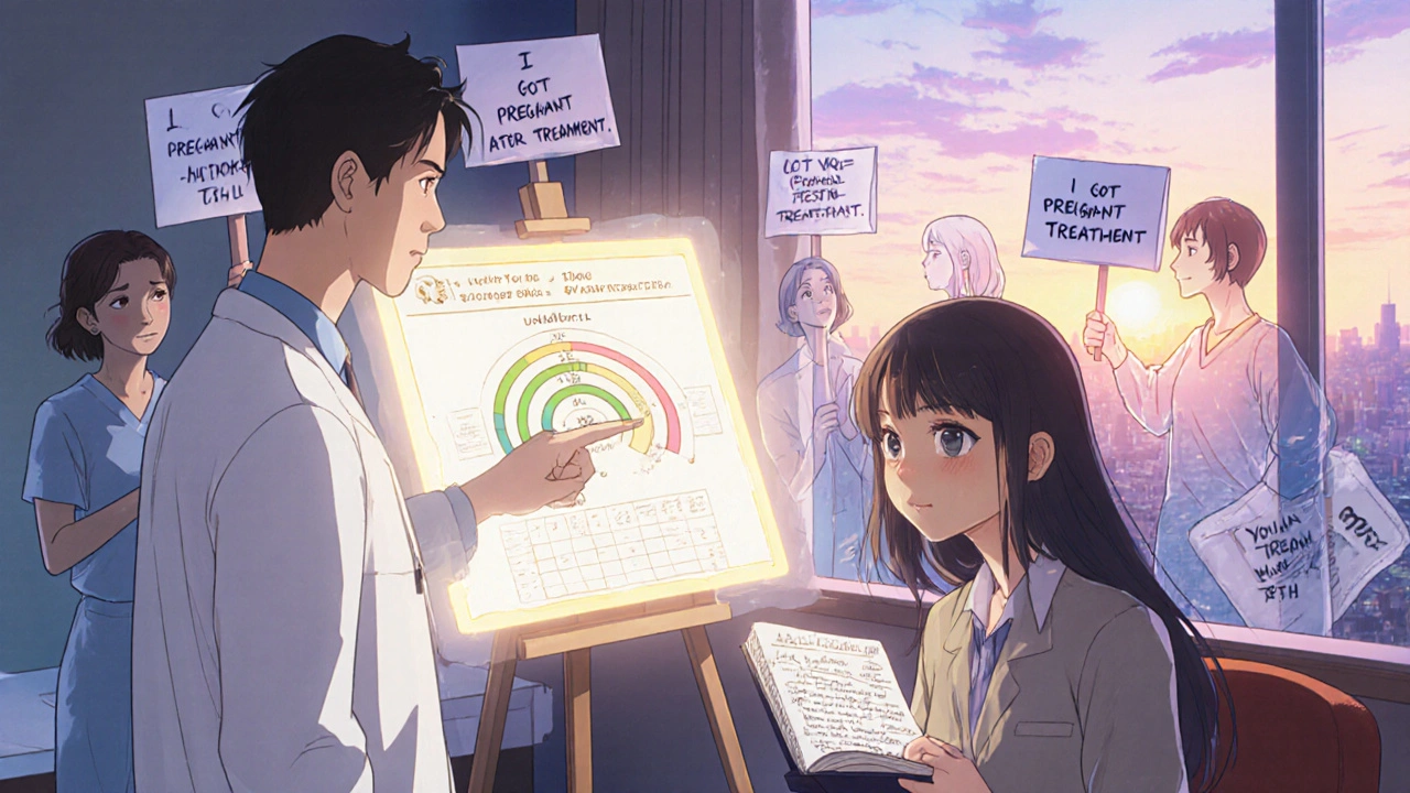 Doctor and patient reviewing TSH chart with glowing target range, translucent success symbols around them