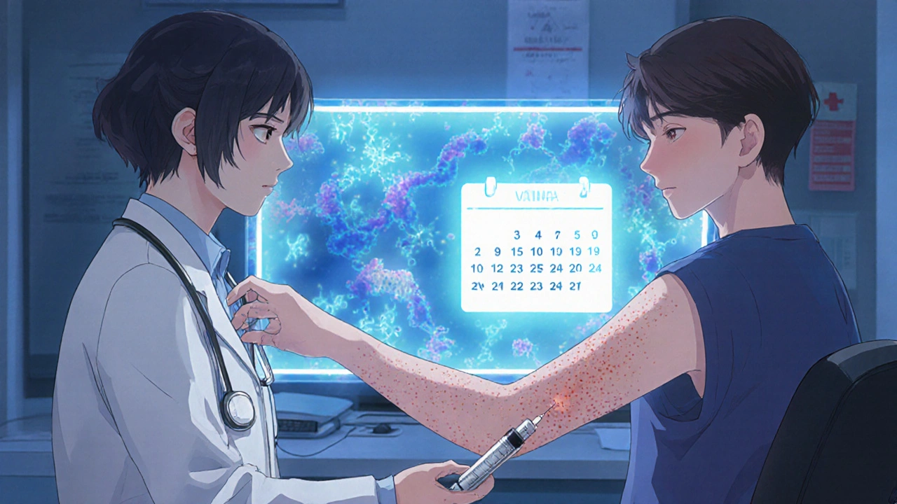 Doctor giving an injection for hives while digital molecules glow behind them.